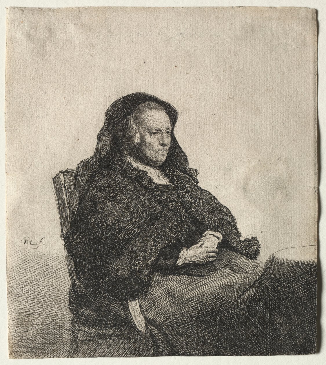 Matka artystów siedząca przy stole, patrząca w prawo: długość trzech czwartych, 1631. autorstwa Rembrandt van Rijn