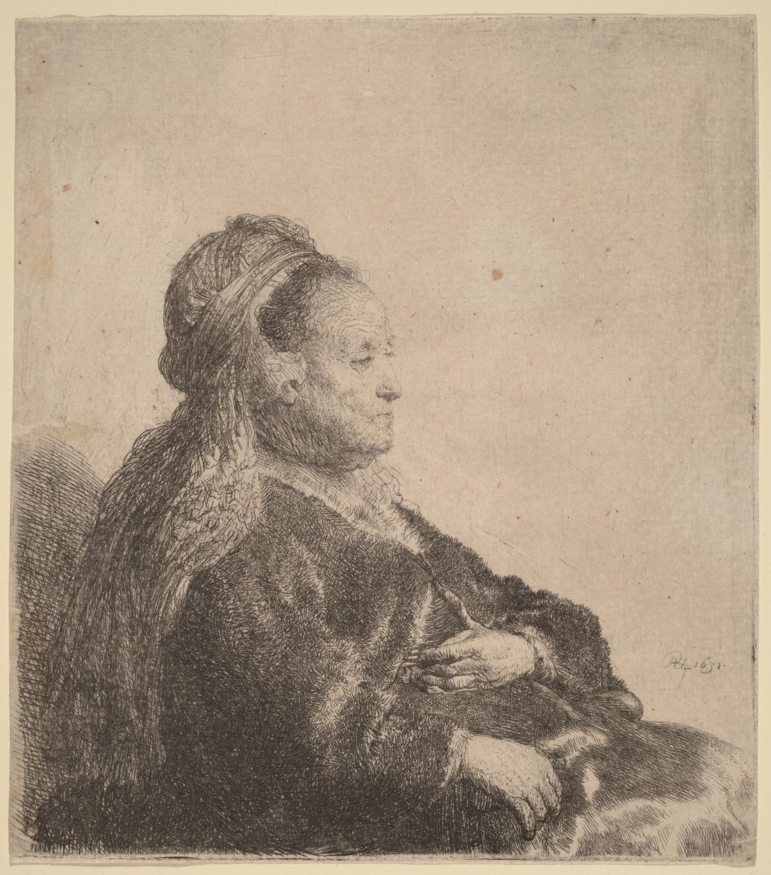 „Matka artysty siedząca w orientalnym nakryciu głowy” autorstwa Rembrandt van Rijn