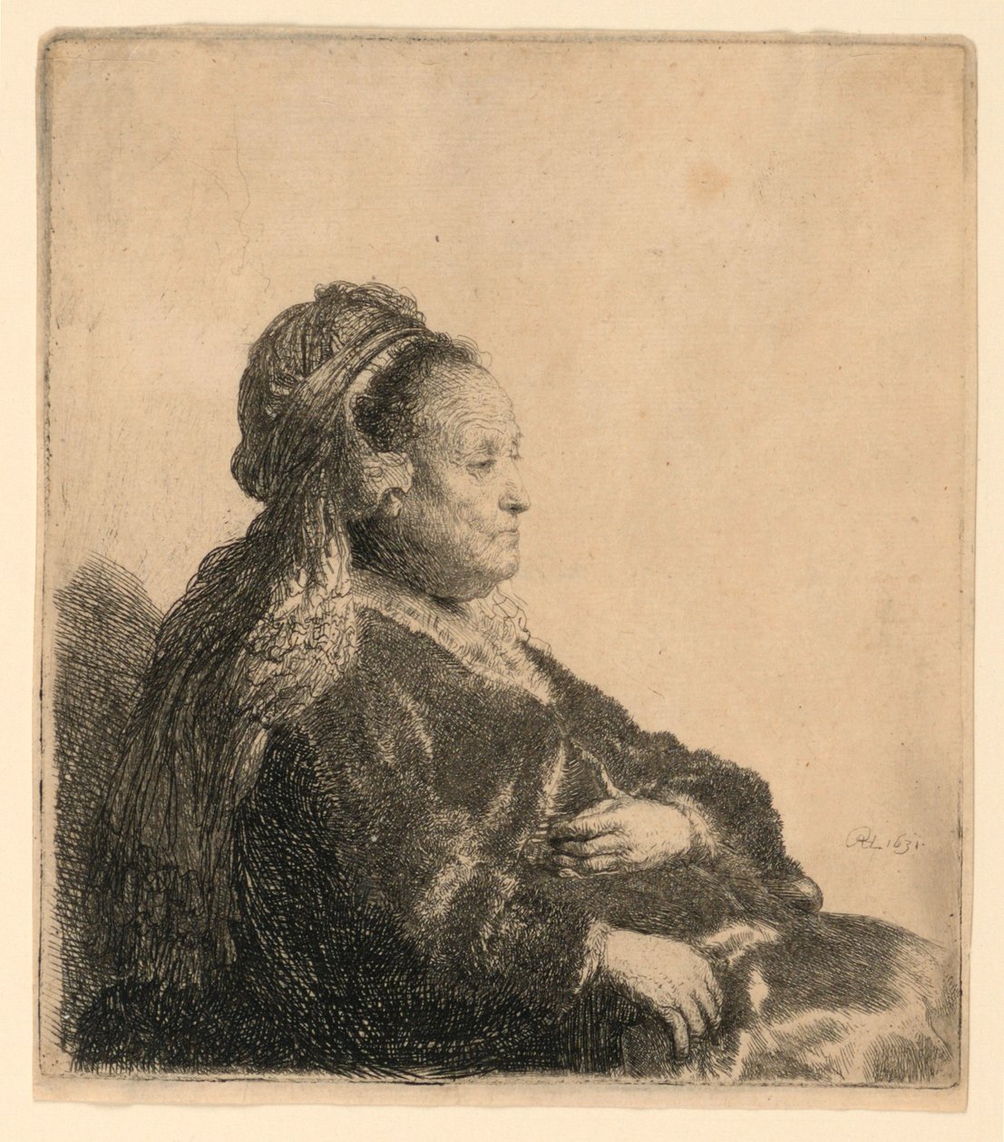 Siedząca matka artysty w orientalnym nakryciu głowy: połowa długości autorstwa Rembrandt van Rijn
