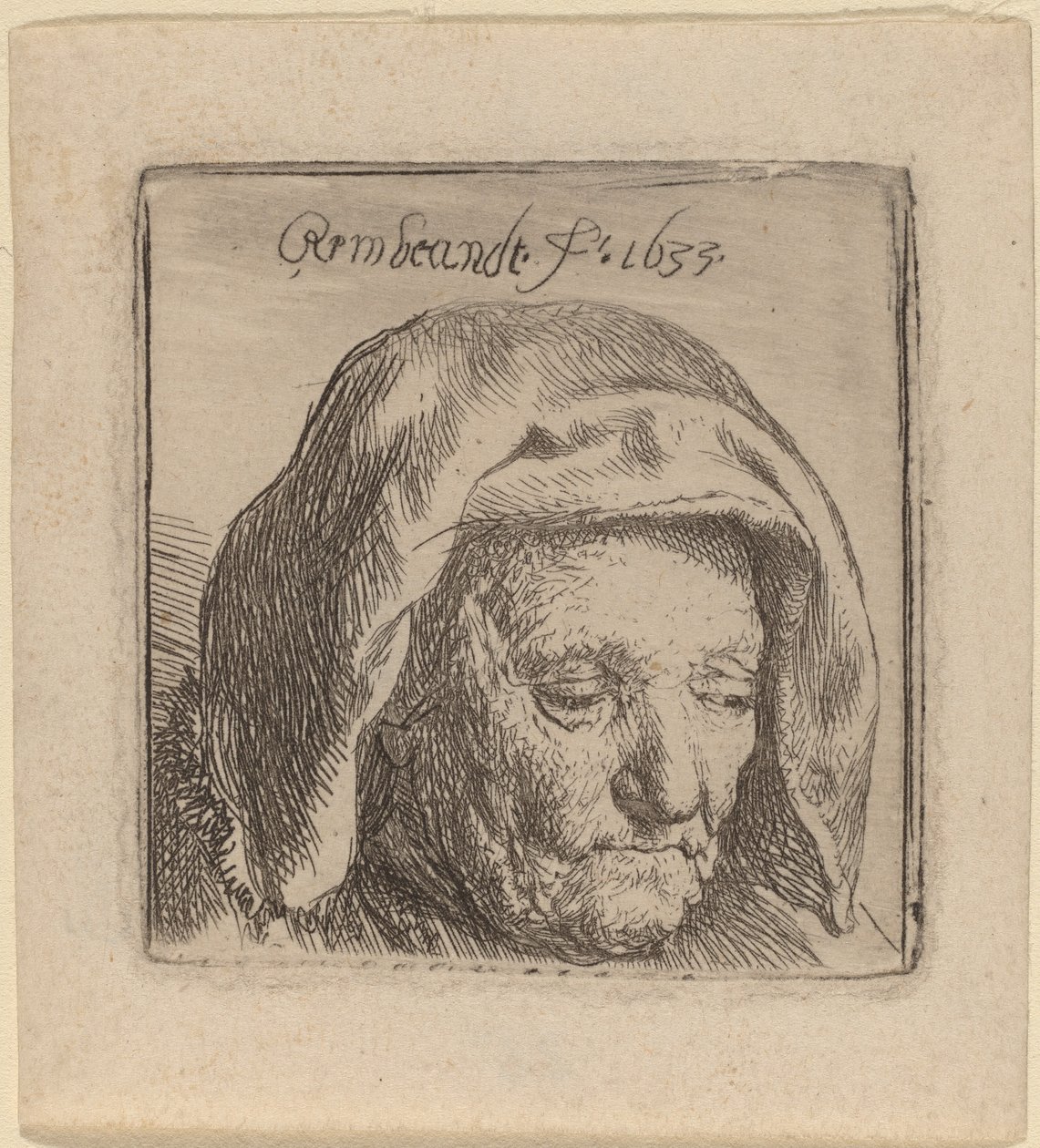 Matka artysty w płóciennym nakryciu głowy, spoglądająca w dół autorstwa Rembrandt van Rijn