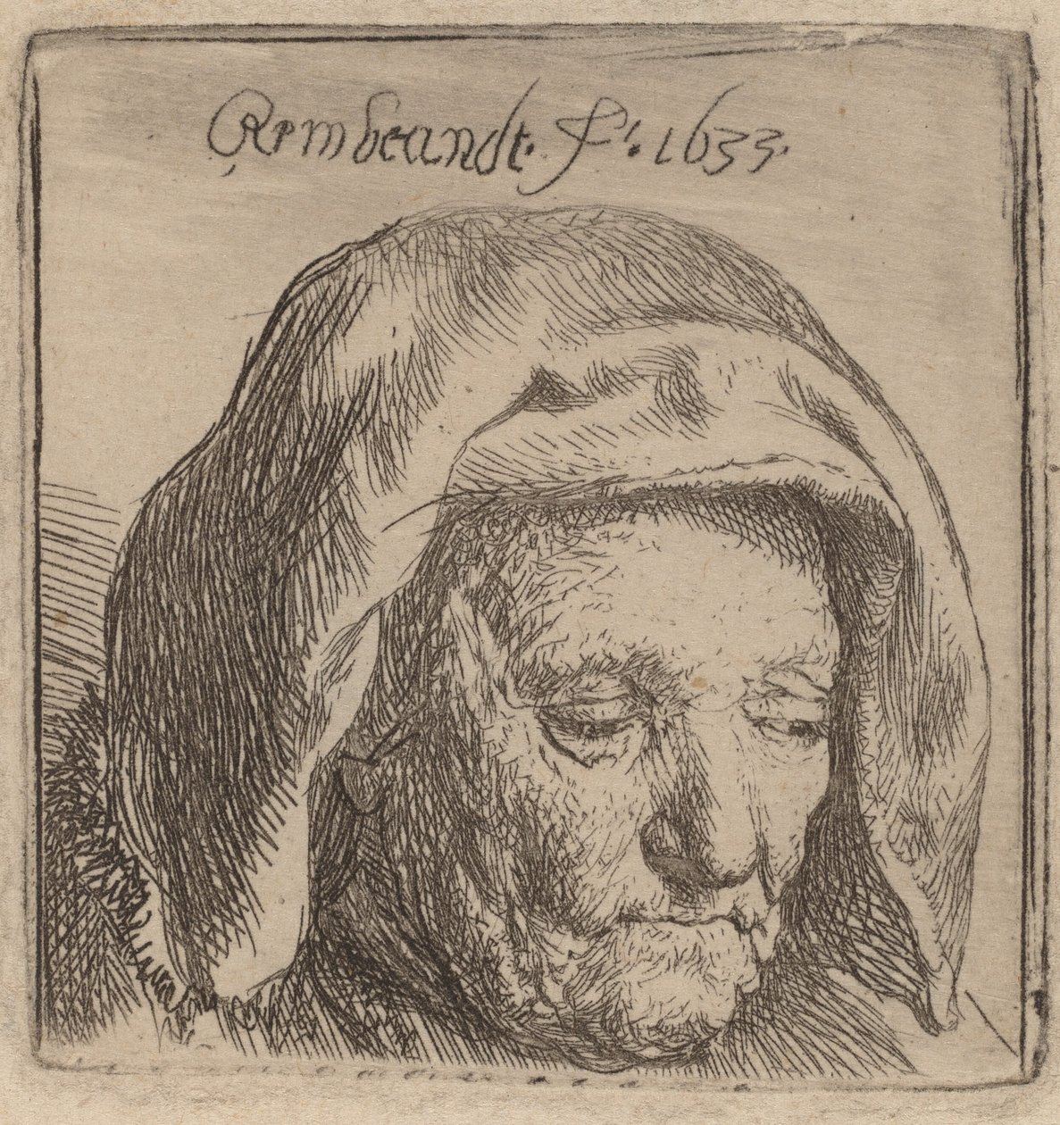 Matka artysty w sukiennym nakryciu głowy, patrząc w dół, 1633. autorstwa Rembrandt van Rijn
