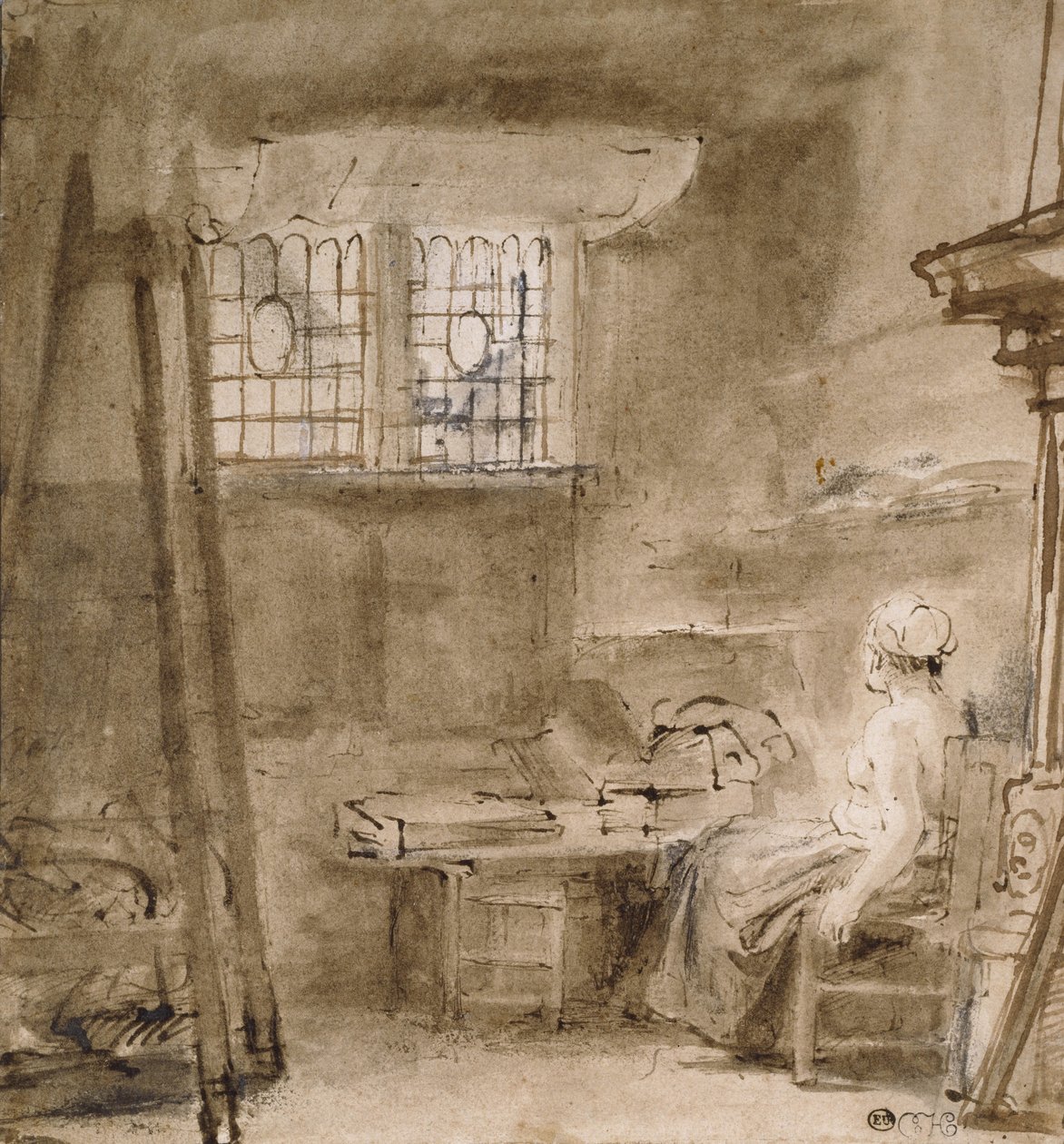 Pracownia Artysty, 1659 (pióro i dwa odcienie brązowego tuszu, szarobrązowy rozmyty, kilka poprawek w bieli) autorstwa Rembrandt van Rijn