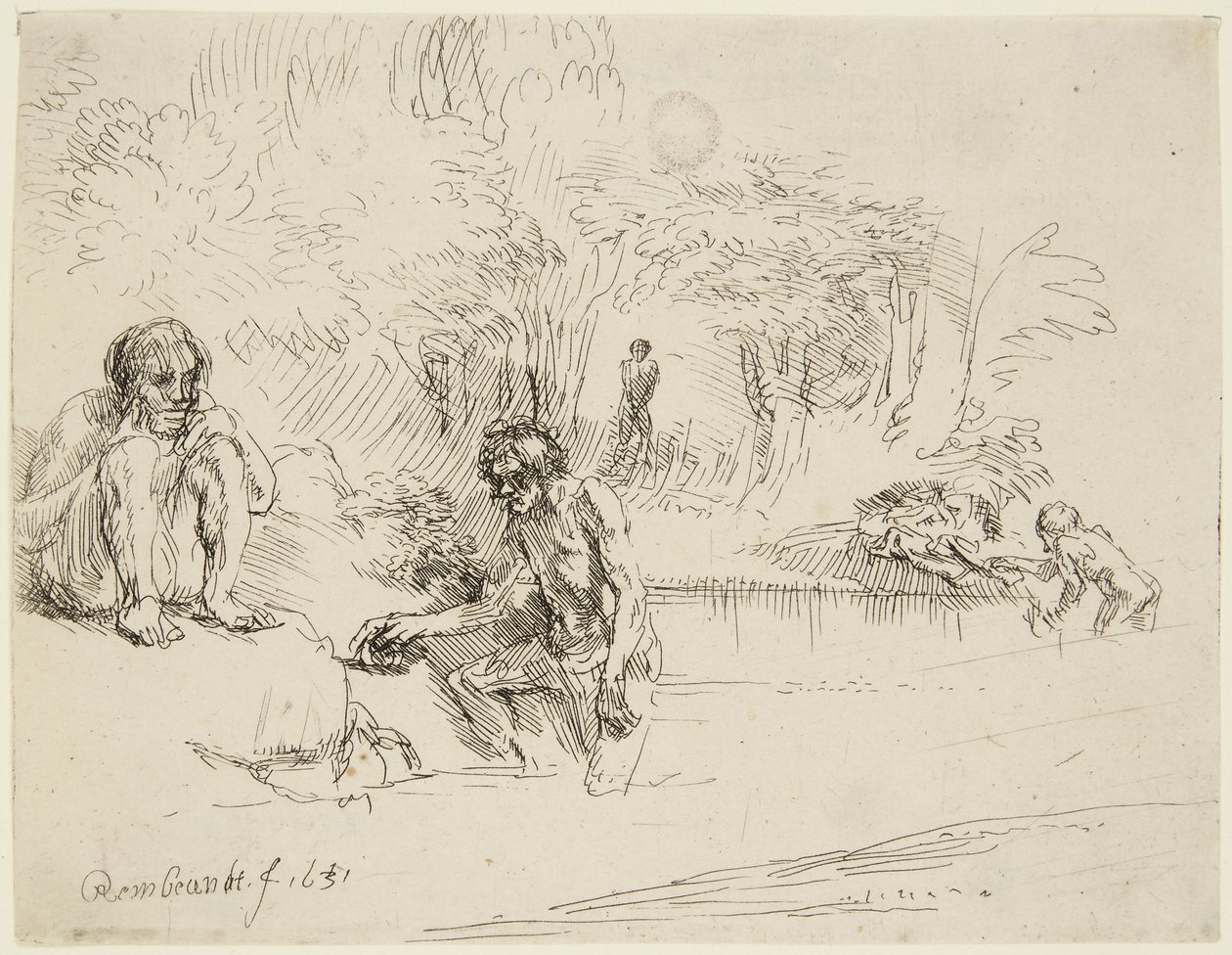 „Kąpiące się” (Bartsch 195; Hind 250 II) autorstwa Rembrandt van Rijn