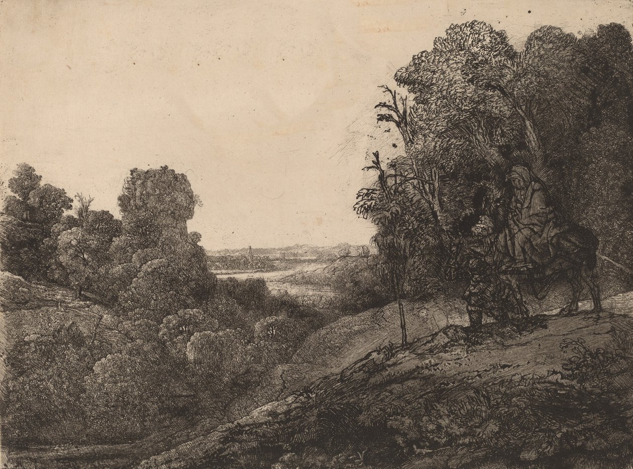 Ucieczka do Egiptu: Zmieniony z Seghers, c. 1653. autorstwa Rembrandt van Rijn