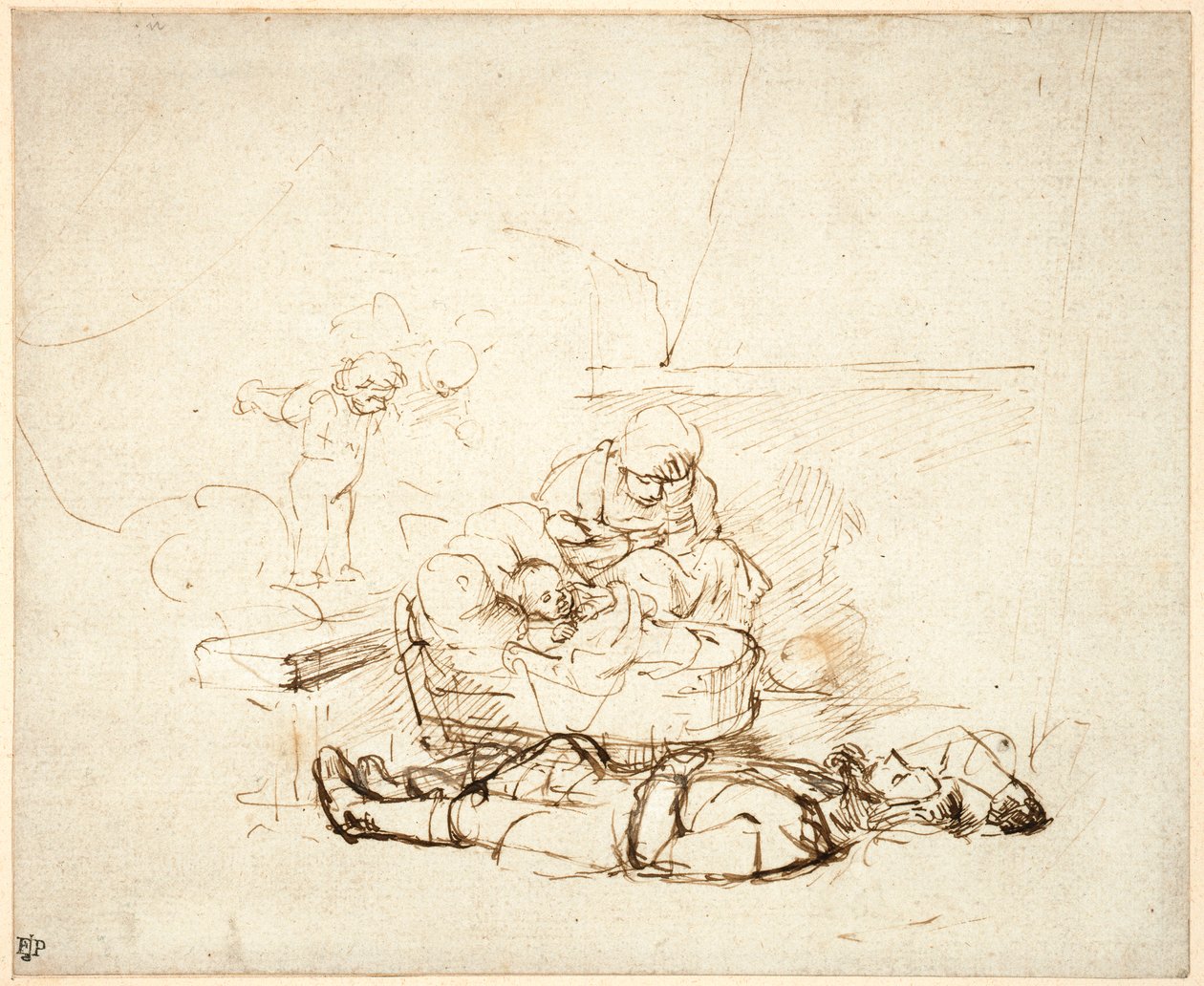 Śpiąca Święta Rodzina z aniołami, 1645 (pióro i atrament z gwaszem na papierze) autorstwa Rembrandt van Rijn