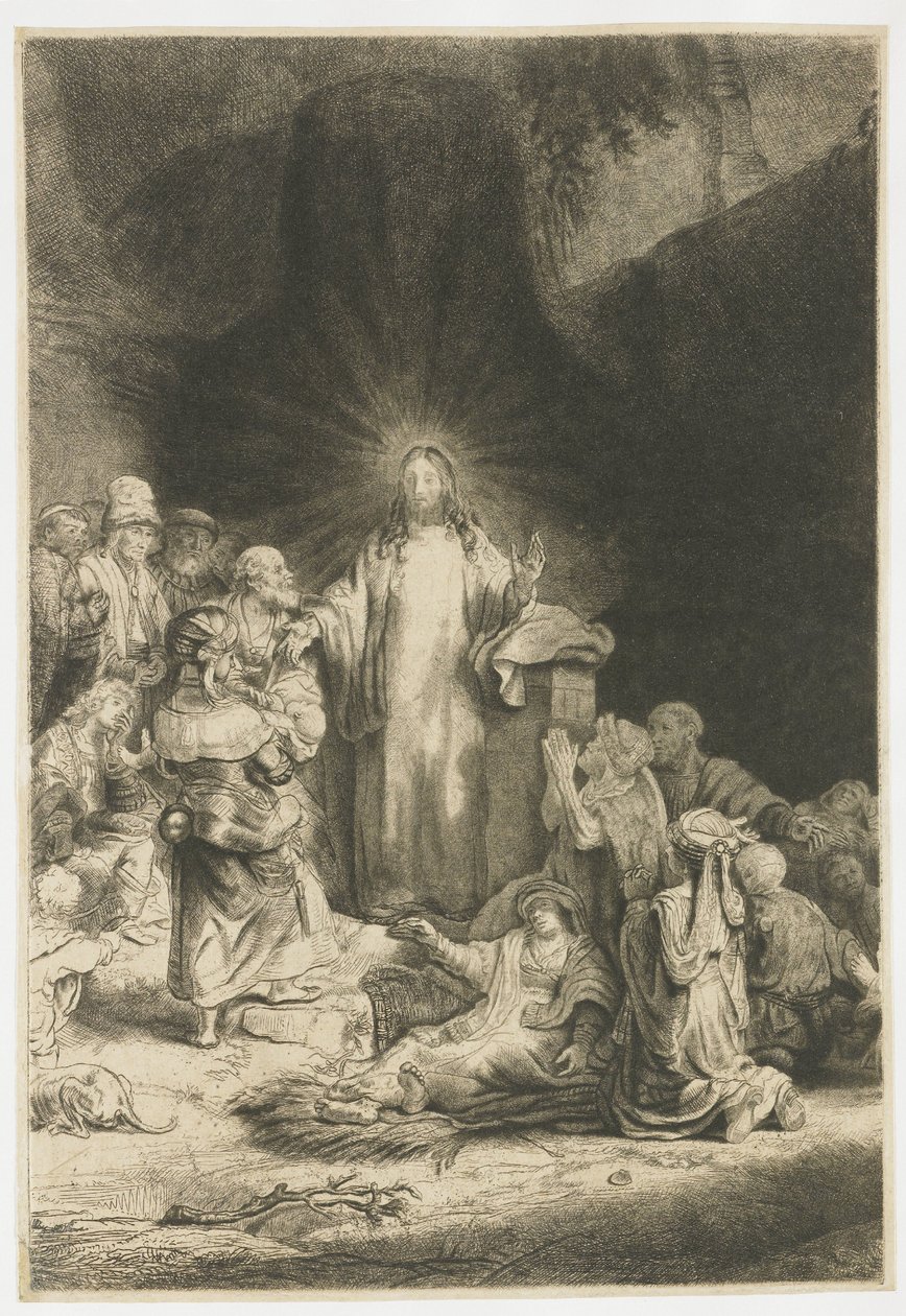 Grafika „Sto guldenów”: centralny fragment przedstawiający Chrystusa głoszącego kazanie autorstwa Rembrandt van Rijn