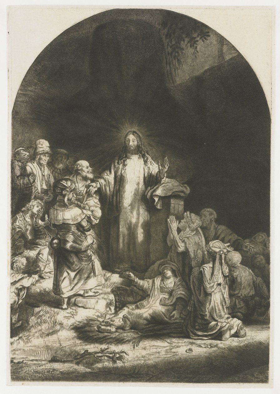 Nadruk stu guldenów: centralny element z głoszeniem Chrystusa, talerz wygięty w łuk autorstwa Rembrandt van Rijn