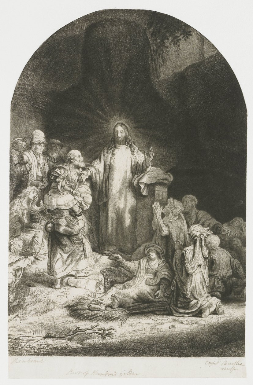 Grafika „Sto guldenów”: centralny fragment przedstawiający Chrystusa głoszącego kazanie, płyta ma kształt łuku autorstwa Rembrandt van Rijn