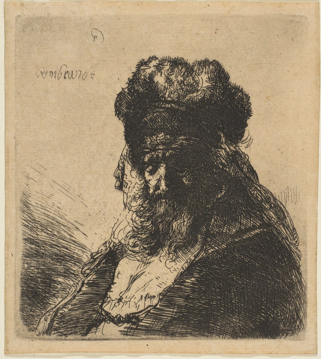 Stary brodaty mężczyzna w wysokiej futrzanej czapce, z zamkniętymi oczami, ca. 1635. autorstwa Rembrandt van Rijn