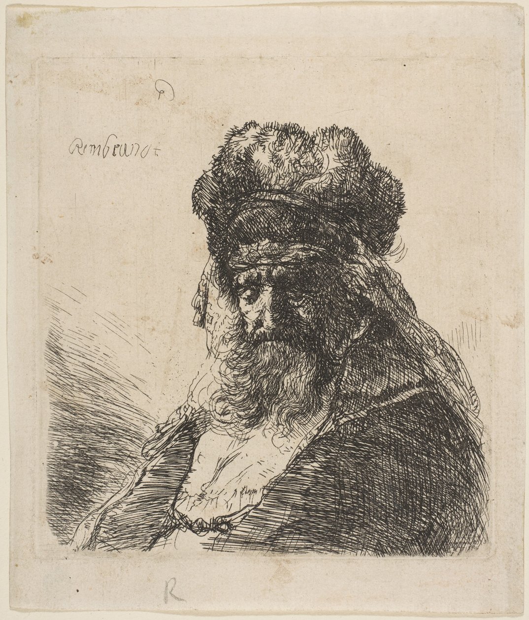 Stary brodaty mężczyzna w wysokiej futrzanej czapce, z zamkniętymi oczami, ca. 1635. autorstwa Rembrandt van Rijn