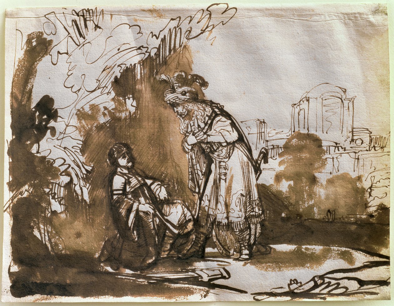 Rozstanie Dawida i Jonatana (użyj i umyj na papierze) autorstwa Rembrandt van Rijn