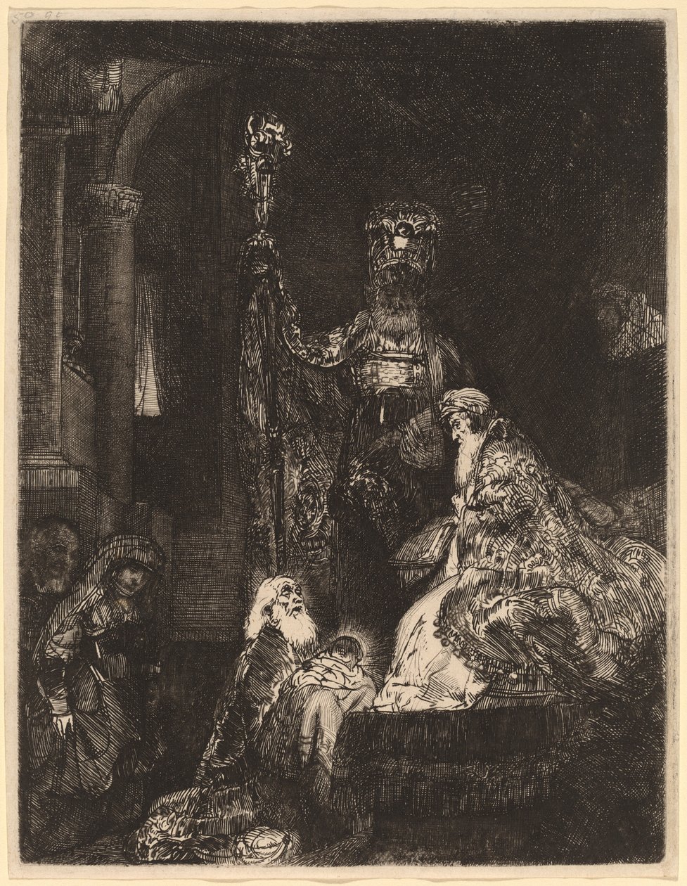 Ofiarowanie w świątyni w mrocznym sposobie autorstwa Rembrandt van Rijn