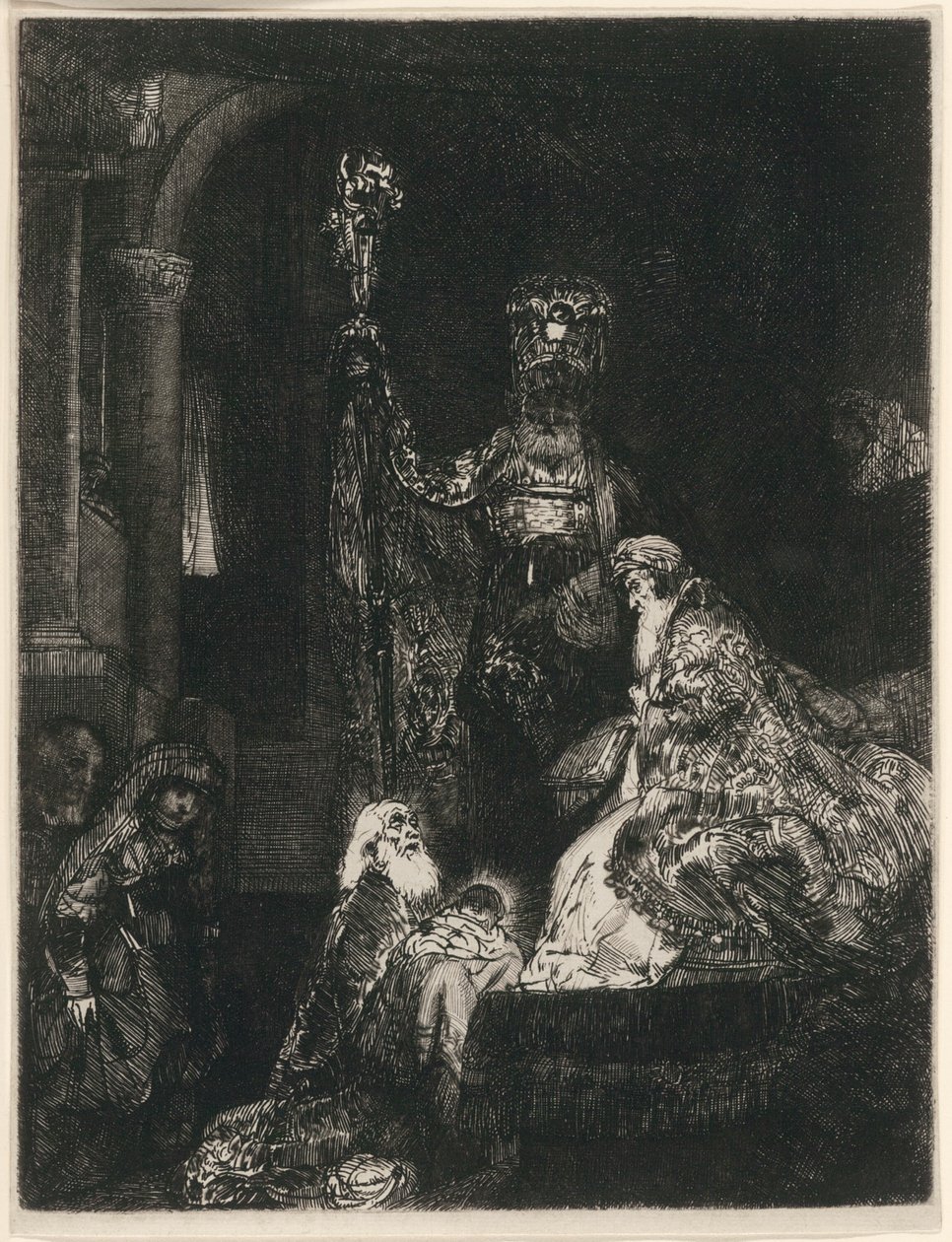 Ofiarowanie w świątyni w mrocznym sposobie autorstwa Rembrandt van Rijn