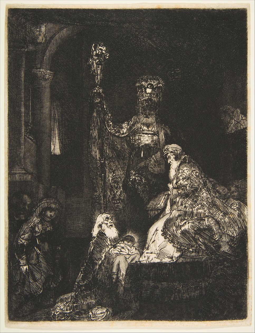 Ofiarowanie w mrocznej świątyni w mrocznej manierze, ca. 1654. autorstwa Rembrandt van Rijn