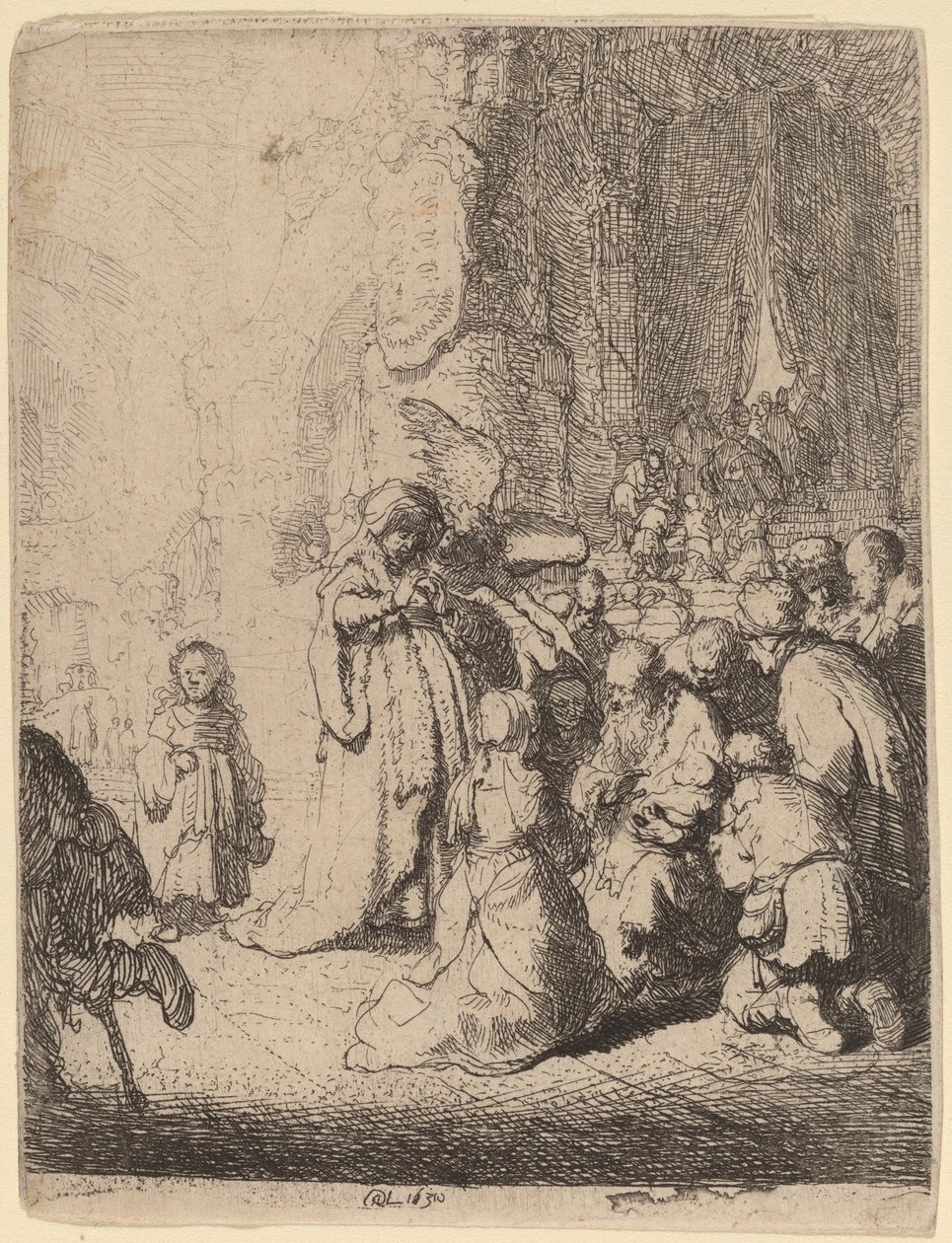Ofiarowanie w świątyni z aniołem: mały talerz autorstwa Rembrandt van Rijn