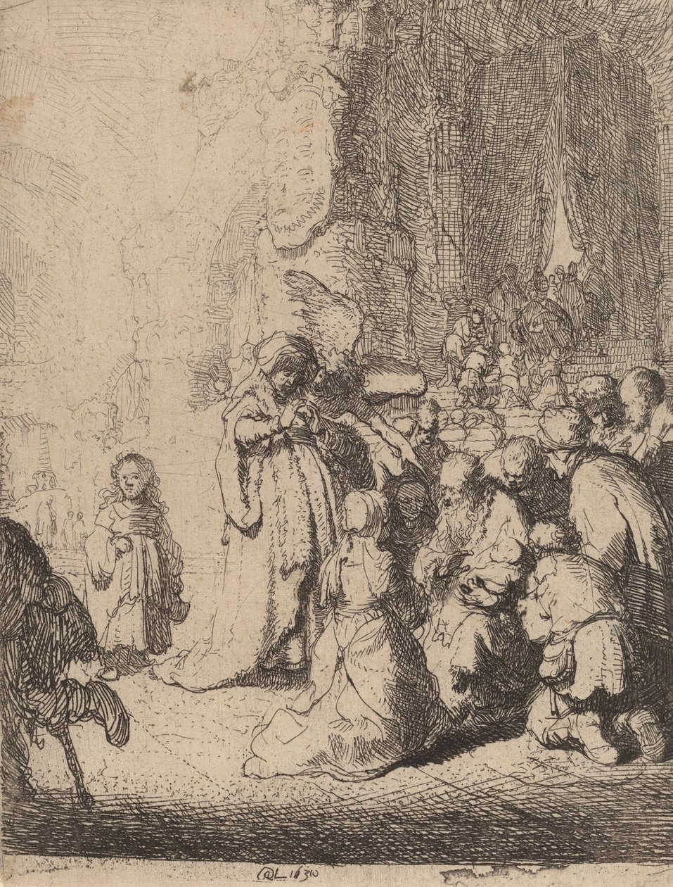 Ofiarowanie w świątyni z aniołem: mały talerz, 1630. autorstwa Rembrandt van Rijn