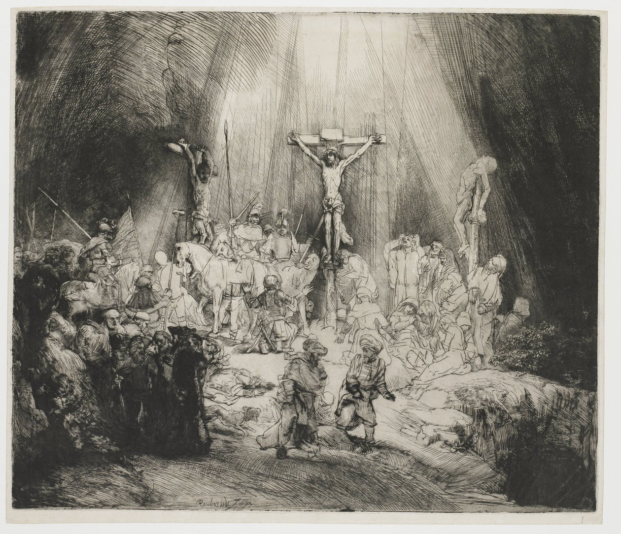 Trzy Krzyże Chrystus ukrzyżowany między dwoma złodziejami: „Trzy krzyże” autorstwa Rembrandt van Rijn