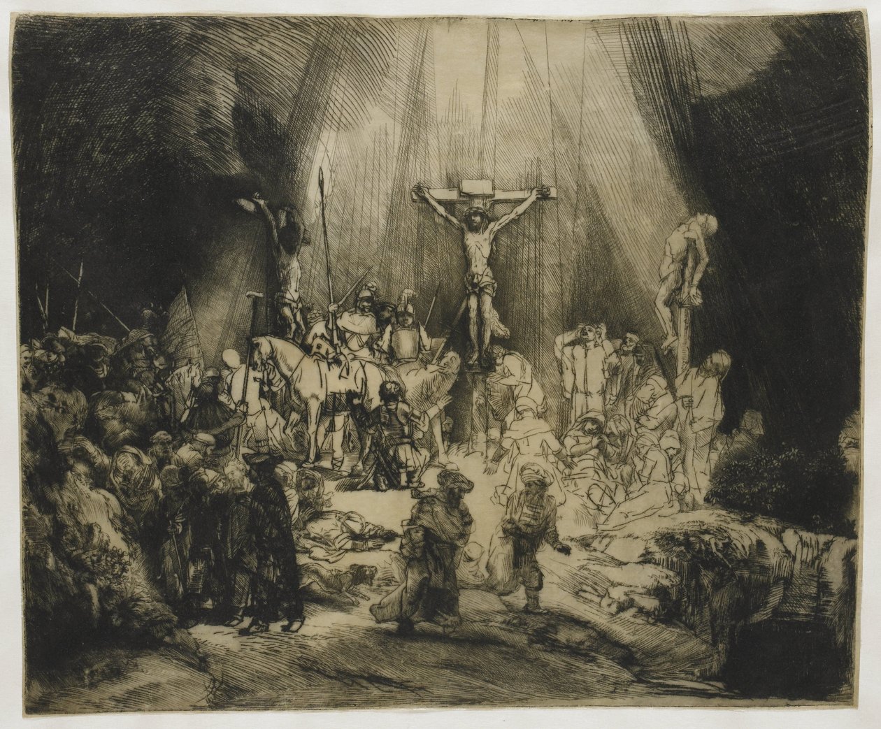 Trzy Krzyże Chrystus ukrzyżowany między dwoma złodziejami: „Trzy krzyże” autorstwa Rembrandt van Rijn