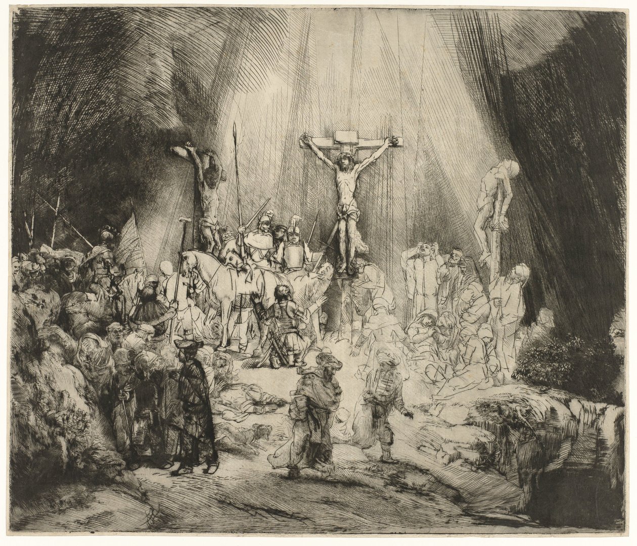 Trzy Krzyże Chrystus ukrzyżowany między dwoma złodziejami: „Trzy krzyże” autorstwa Rembrandt van Rijn