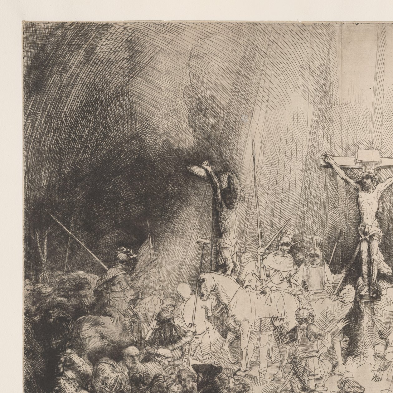 Trzy Krzyże Chrystus ukrzyżowany między dwoma złodziejami: „Trzy krzyże” autorstwa Rembrandt van Rijn