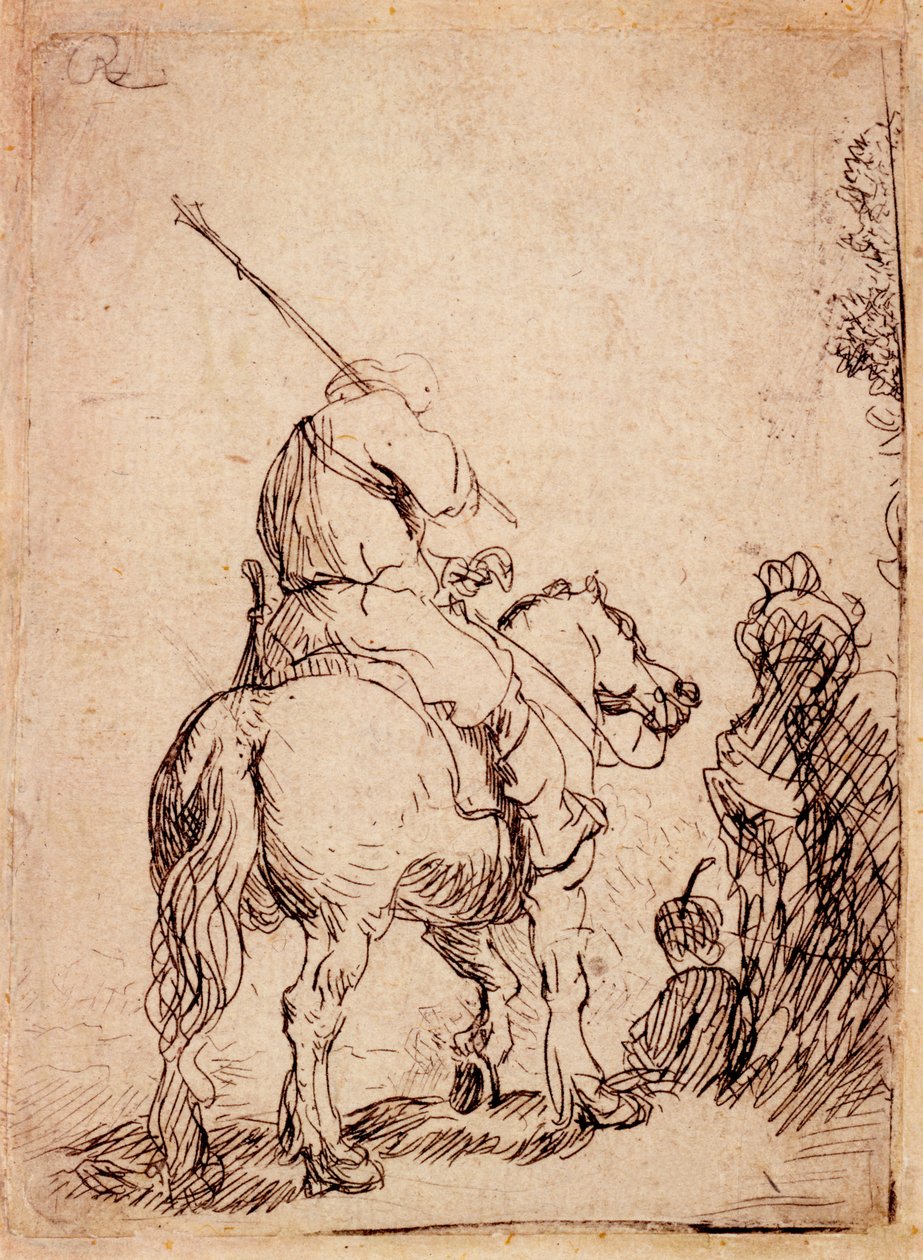 Żołnierz w turbanie na koniu, 1632 autorstwa Rembrandt van Rijn