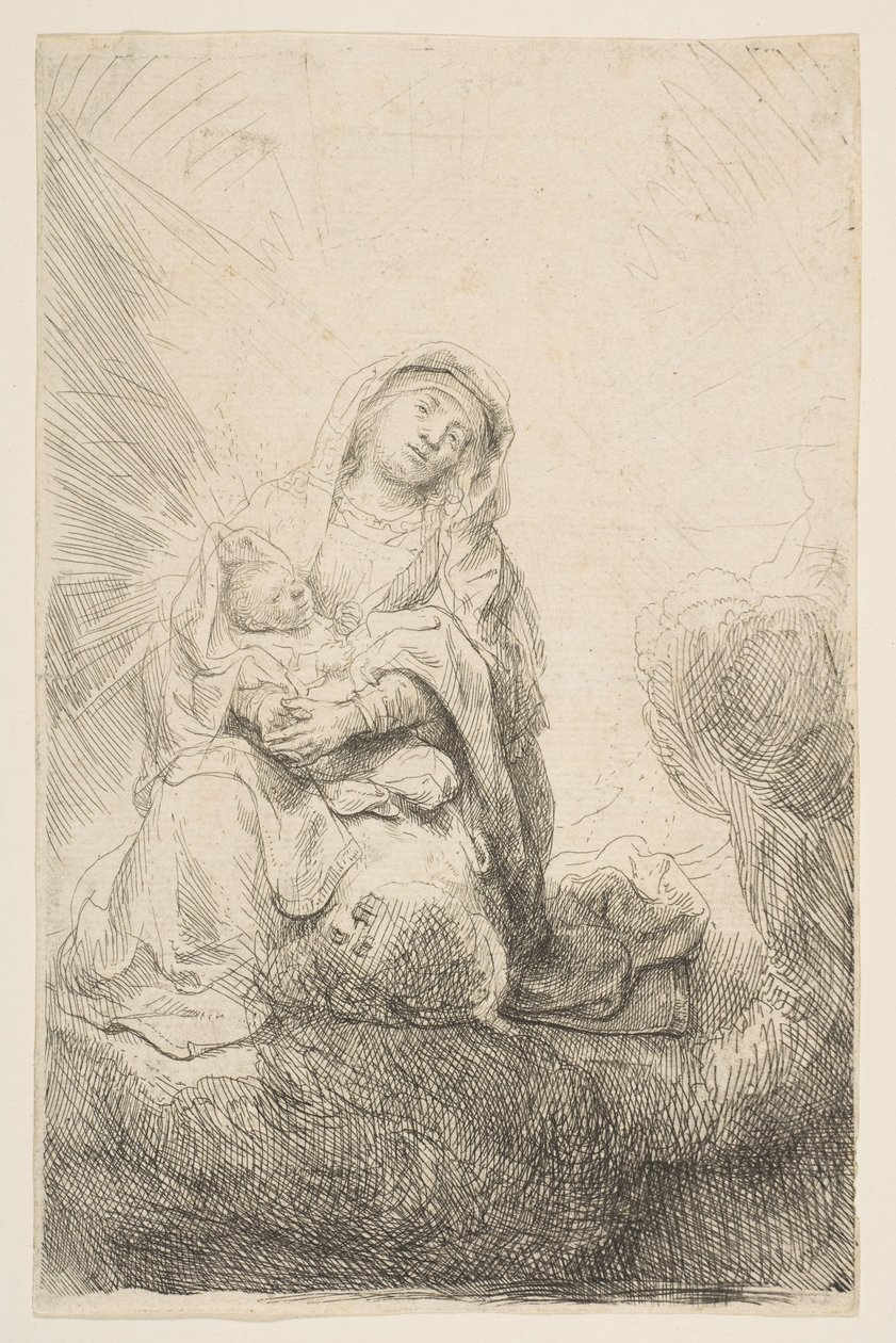 Dziewica z Dzieciątkiem w chmurach, 1641. autorstwa Rembrandt van Rijn