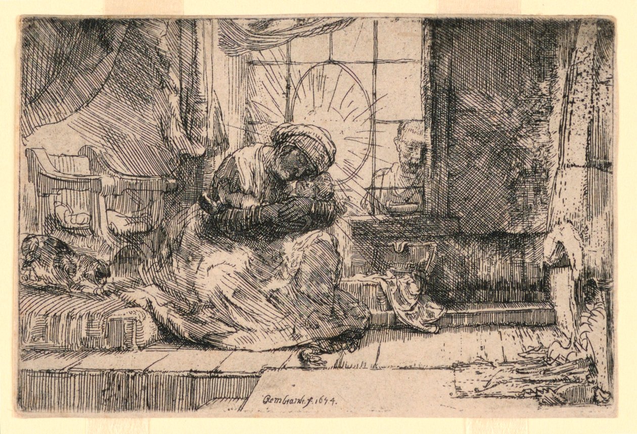 Dziewica z Dzieciątkiem z Kotem i Józefem przy Oknie autorstwa Rembrandt van Rijn