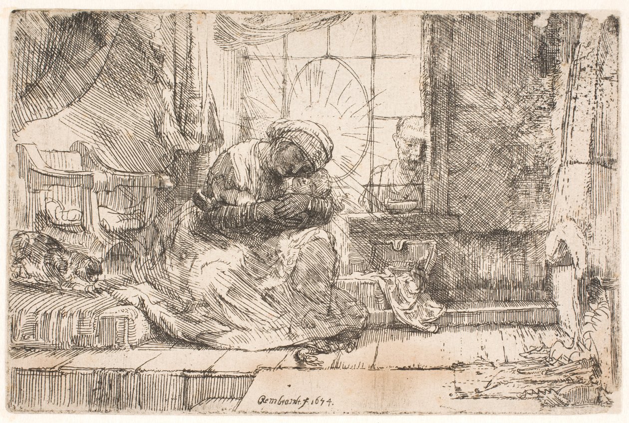 Matka Boska z Dzieciątkiem i kotem: oraz Józef przy oknie autorstwa Rembrandt van Rijn