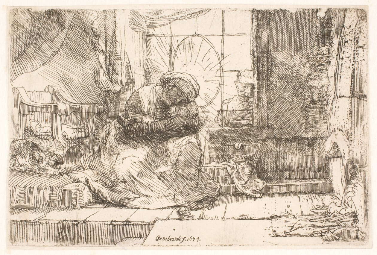 Matka Boska z Dzieciątkiem i kotem: oraz Józef przy oknie autorstwa Rembrandt van Rijn