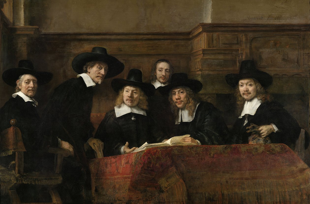 Strażnicy Cechu Sukienników w Amsterdamie, znani jako "Syndycy", 1662 r. autorstwa Rembrandt van Rijn