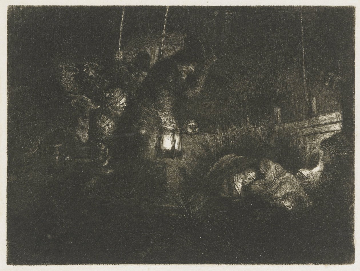 Pokłon pasterzy: obraz przedstawiający scenę nocną autorstwa Rembrandt van Rijn