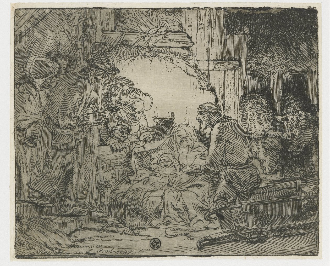 Adoracja pasterzy: przy lampie autorstwa Rembrandt van Rijn