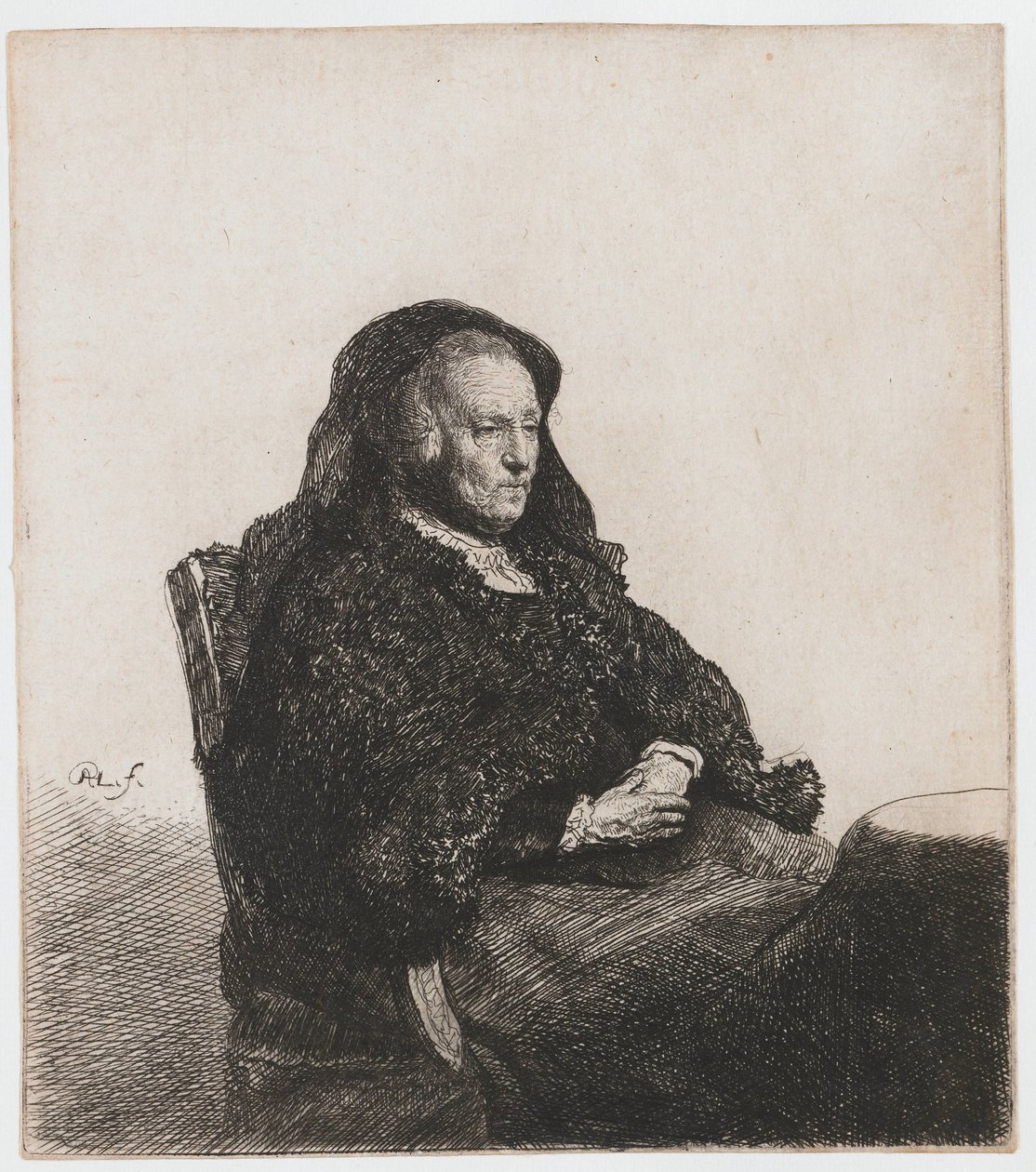 Matka artysty siedząca przy stole, patrząc w prawo: trzy czwarte długości autorstwa Rembrandt van Rijn
