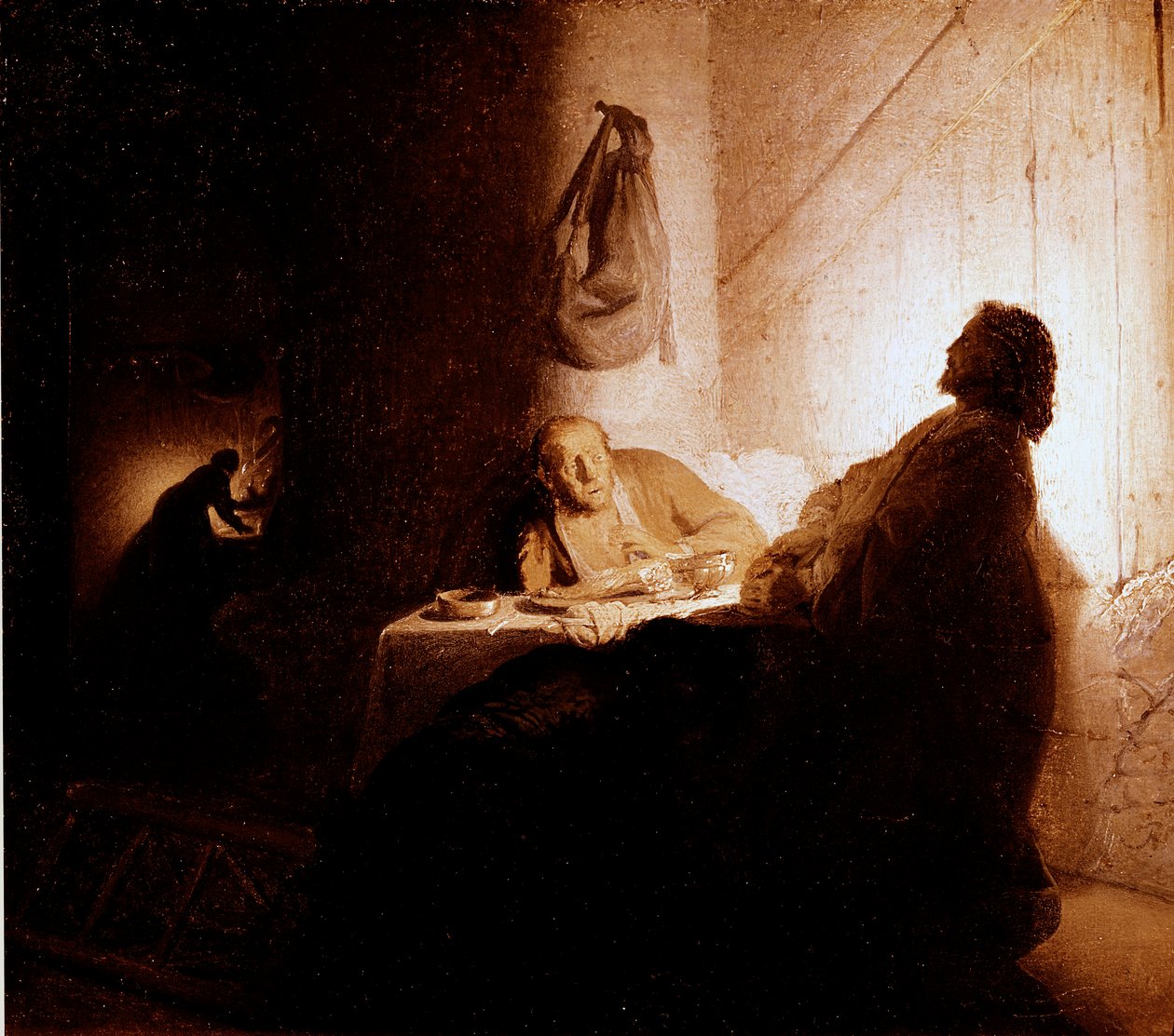 Obiad z Emaus Chrystus ukazuje się pielgrzymom siedzącym przy stole w karczmie w Emaus. Obraz Harmensza van Rijna dit Rembrandt (1606-1669) 1628-1629 Ndz. 21,5x16,5 cm Paryż, muzeum Jacquemart Andre autorstwa Rembrandt van Rijn