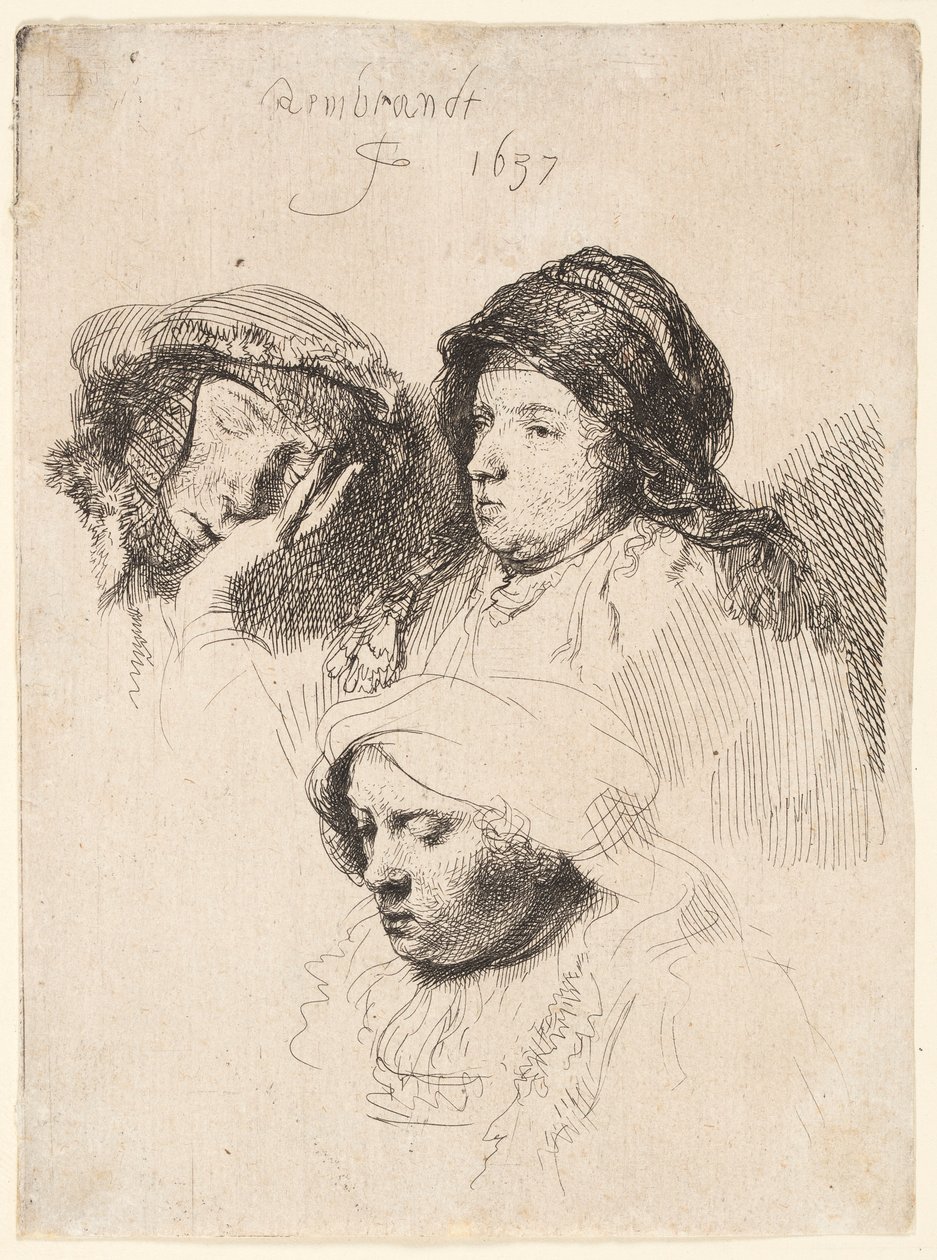 Trzy głowy kobiet, jedna śpiąca autorstwa Rembrandt van Rijn