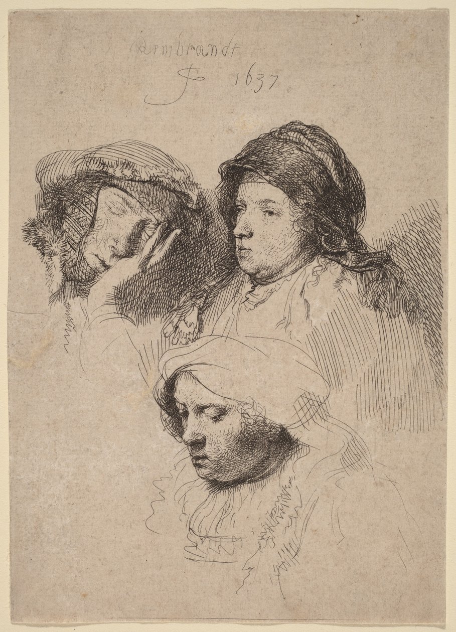 Trzy głowy kobiet, z których jedna śpi autorstwa Rembrandt van Rijn