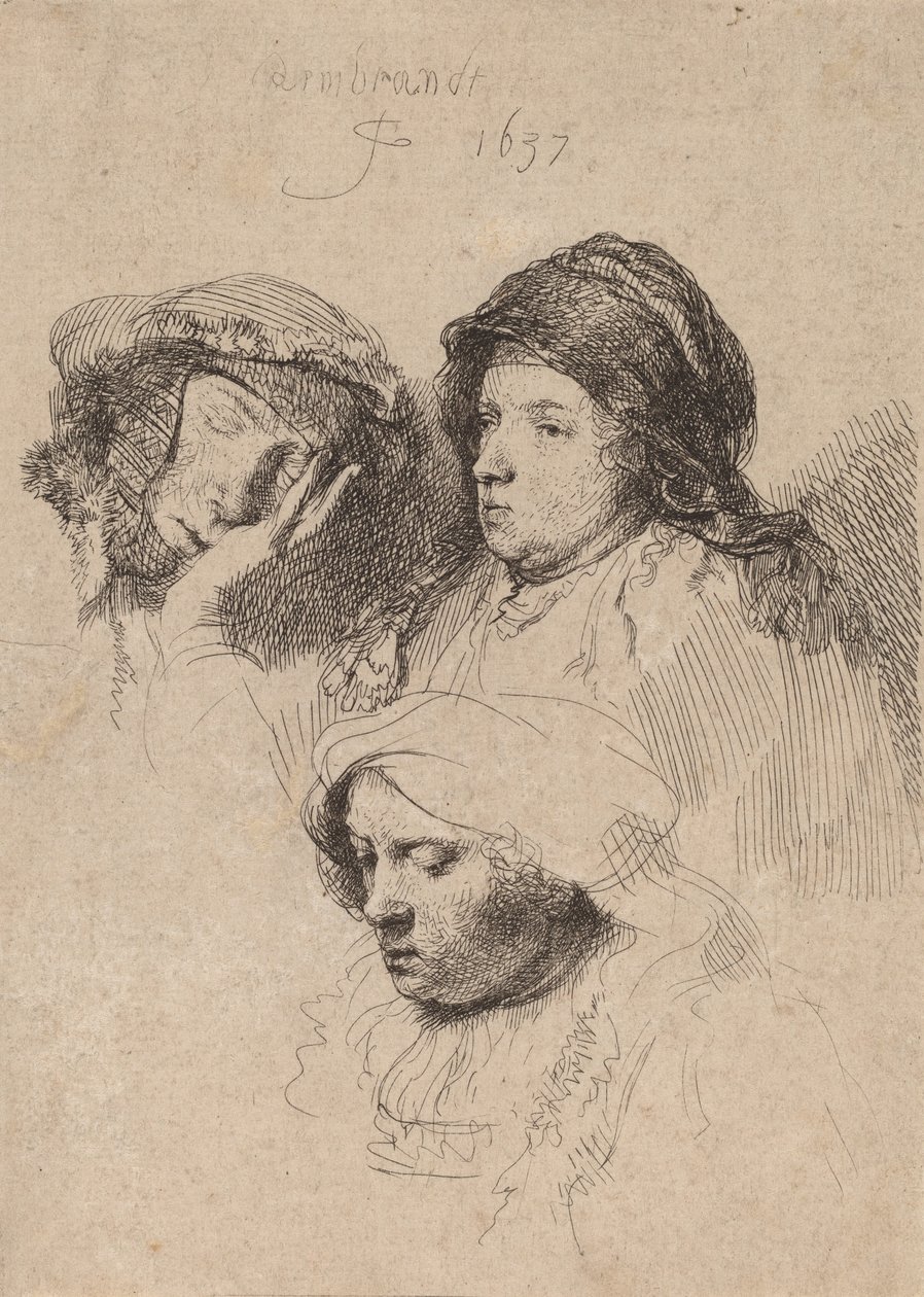 Trzy głowy kobiet, jedna śpi, 1637. autorstwa Rembrandt van Rijn