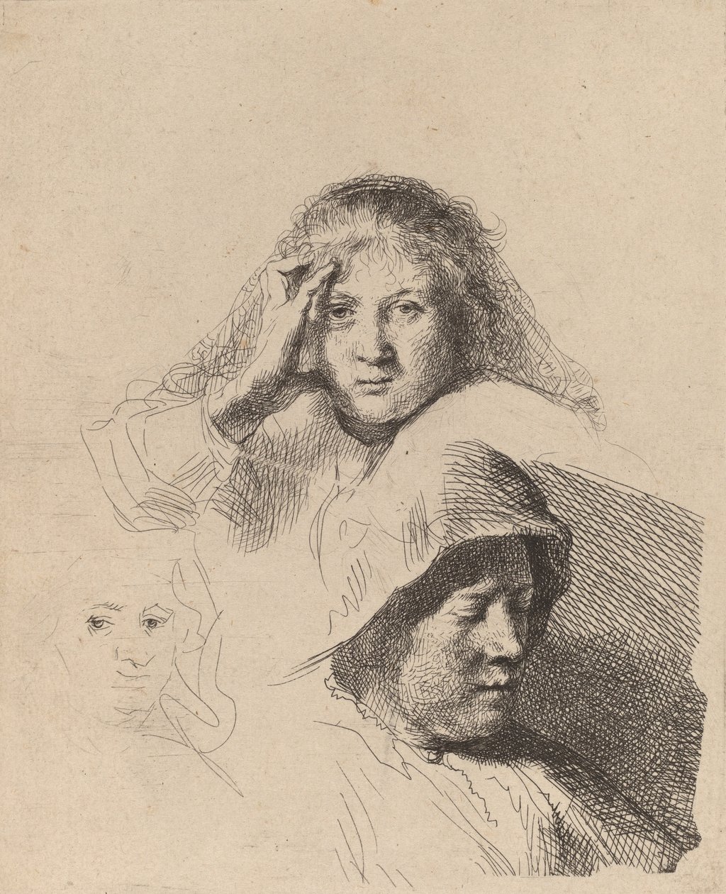 Trzy głowy kobiet, jedna lekko wyryta, c. 1637. autorstwa Rembrandt van Rijn