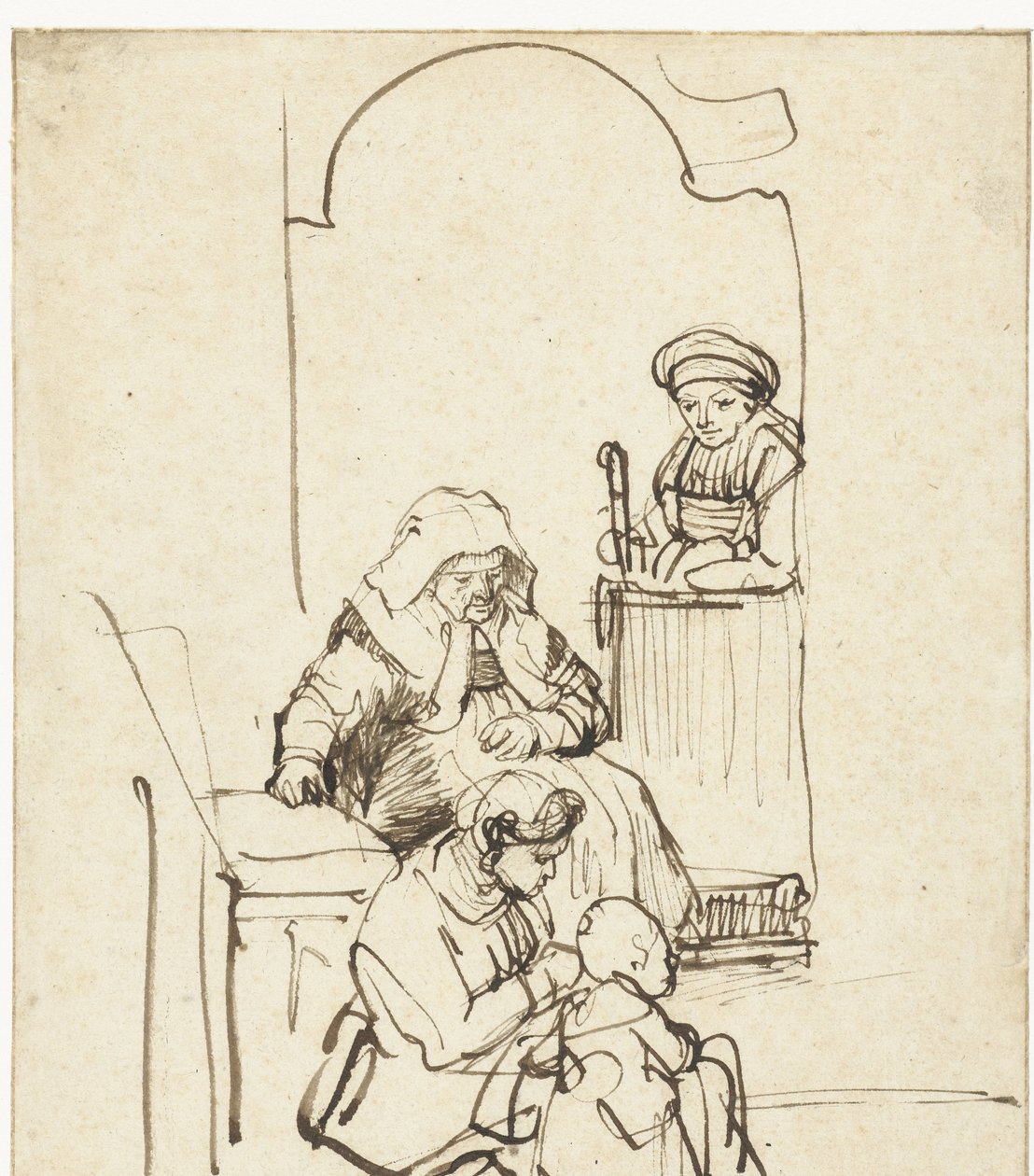 Trzy kobiety i dziecko przy drzwiach autorstwa Rembrandt van Rijn