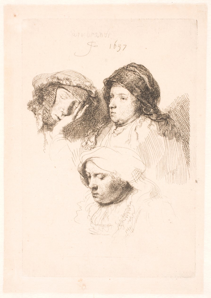 Trzy głowy kobiet, jedna śpiąca autorstwa Rembrandt van Rijn