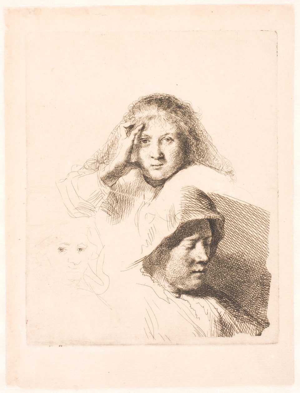 Trzy głowy kobiet, jedna lekko wyryta autorstwa Rembrandt van Rijn