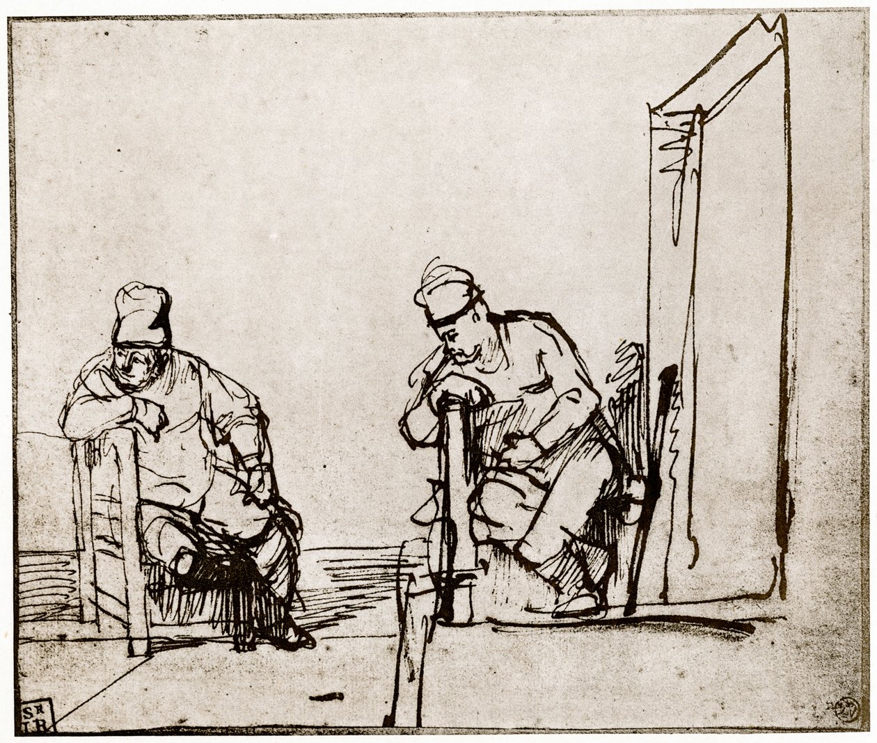Dwóch mężczyzn siedzących przy drzwiach, 1913. autorstwa Rembrandt van Rijn
