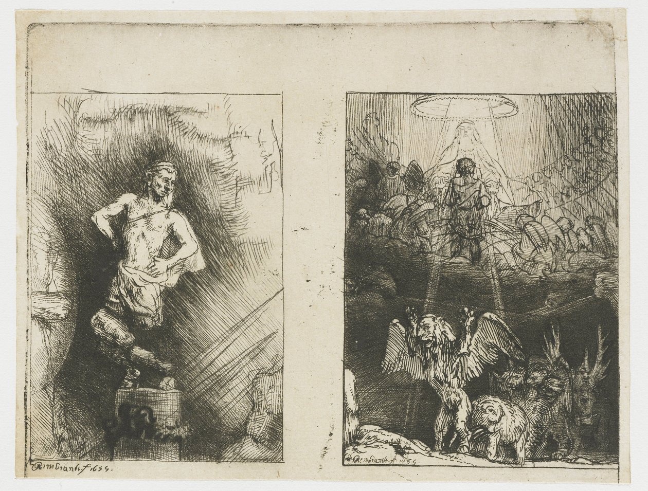 Dwie ilustracje do „Piedra Gloriosa” Menasseha Ben Israela Obraz widziany przez Nabuchodonozora Wizja Daniela o czterech bestiach autorstwa Rembrandt van Rijn