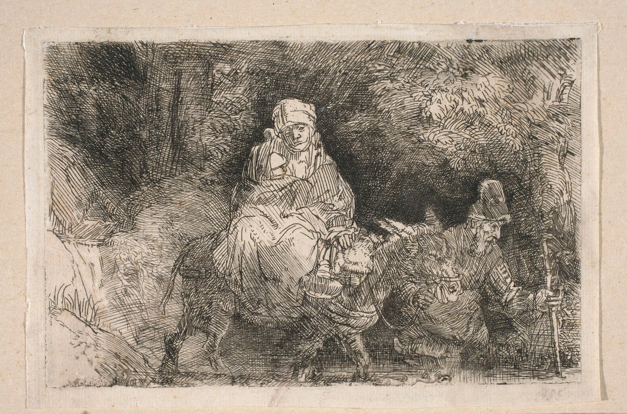 Ucieczka do Egiptu - Święta Rodzina przechodząca przez strumień autorstwa Rembrandt van Rijn