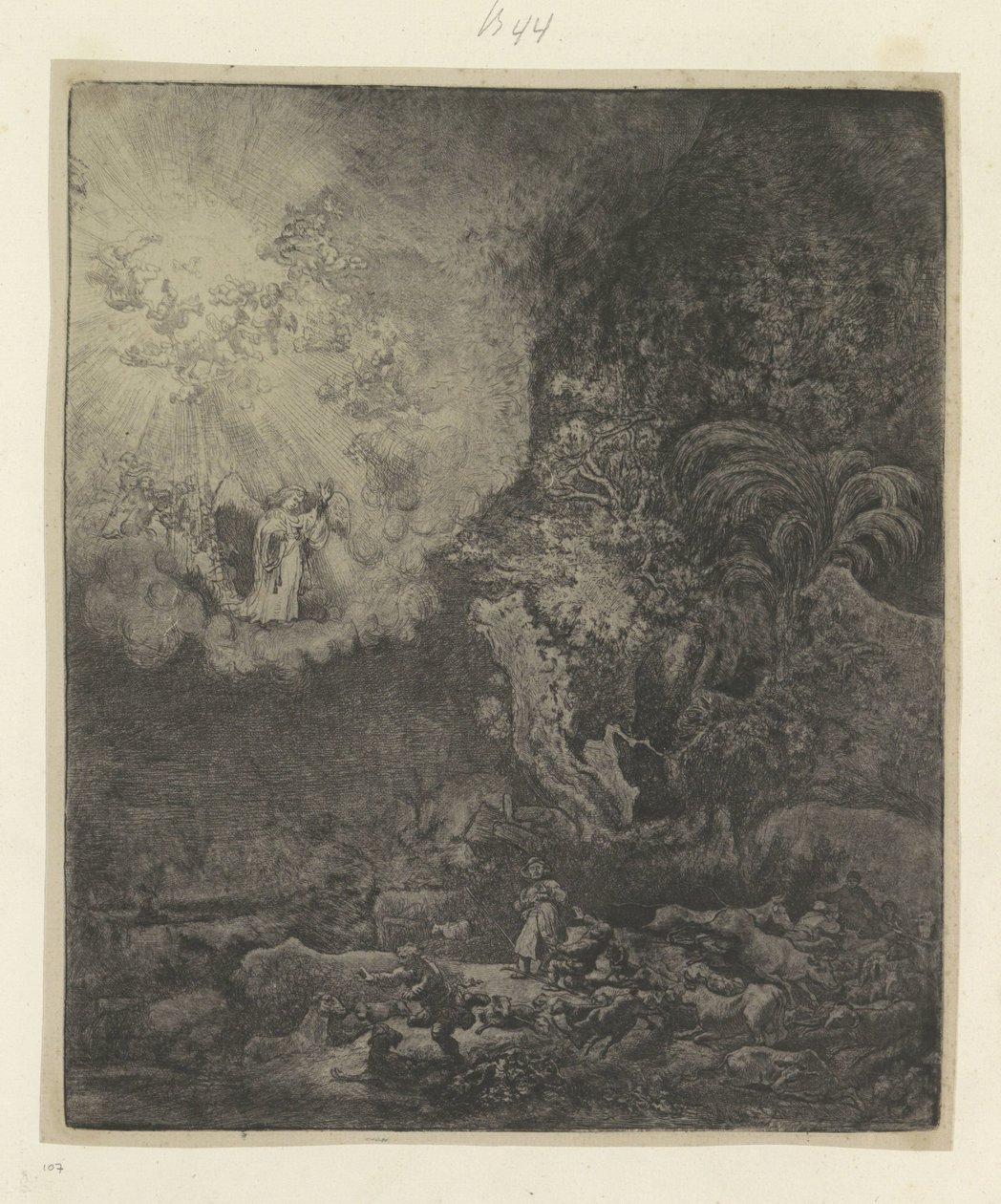Verkondiging aan de herders Kolekcja osiemdziesięciu pięciu oryginalnych grafik (tytuł serii) autorstwa Rembrandt van Rijn