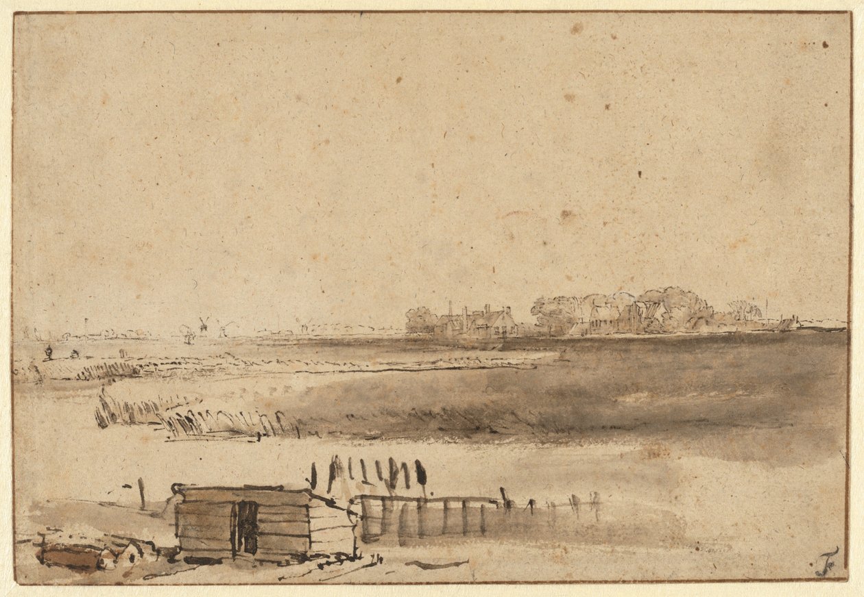 Widok na Houtewael w pobliżu Sint Anthoniespoort [recto] autorstwa Rembrandt van Rijn