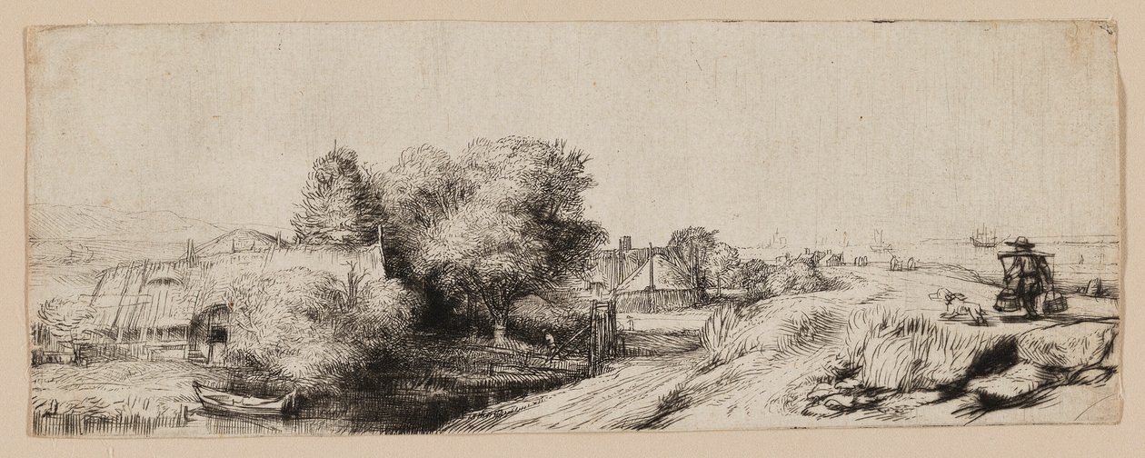 Widok na Diemerdijk z mleczarzem i domkami autorstwa Rembrandt van Rijn