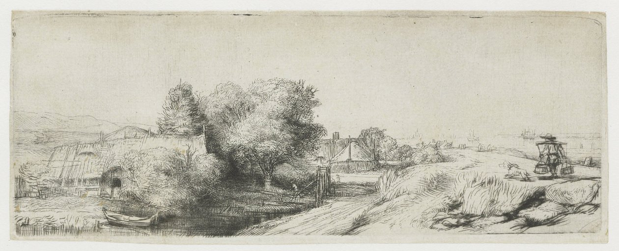 Widok na Diemerdijk z mleczarzem i chatami autorstwa Rembrandt van Rijn