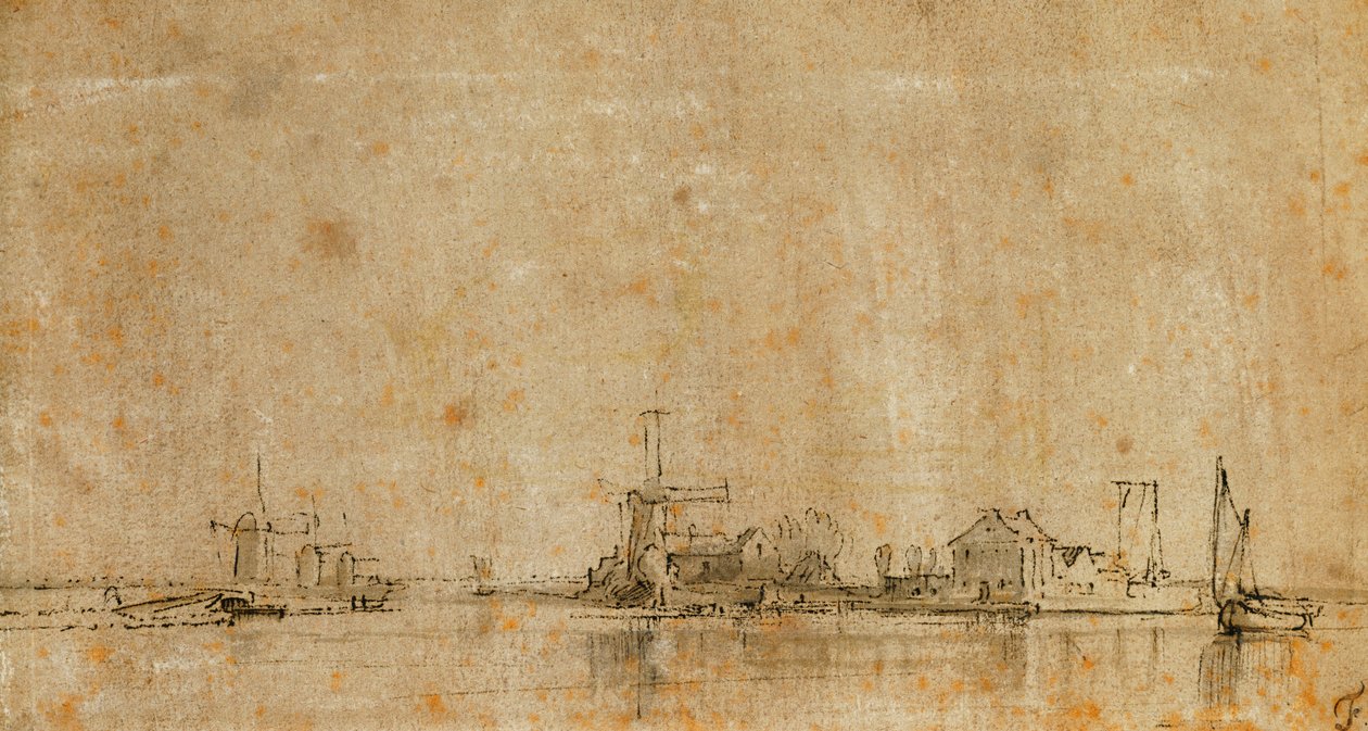 Widok na Amstel w Omval, po lewej Ringvaart z Diermermeer autorstwa Rembrandt van Rijn