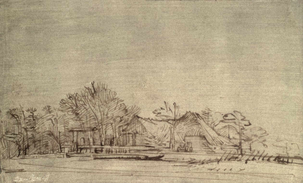 Pejzaż zimowy z domkami wśród drzew, ok. 1650 (trzcinowe pióro i brązowy tusz) autorstwa Rembrandt van Rijn